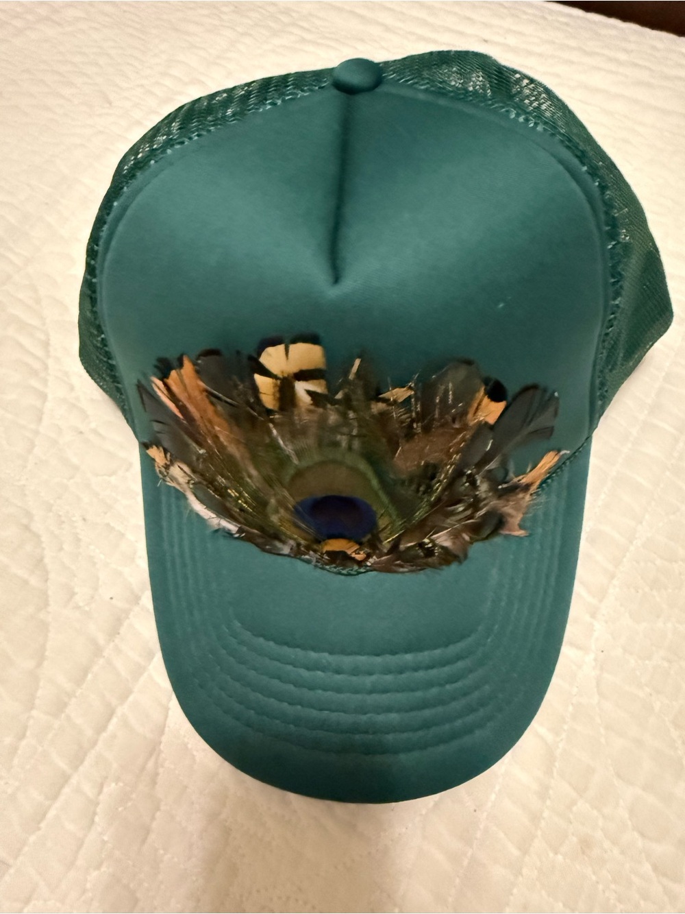 Teal Women’s Trucker Hat with Peacock Feather Accent